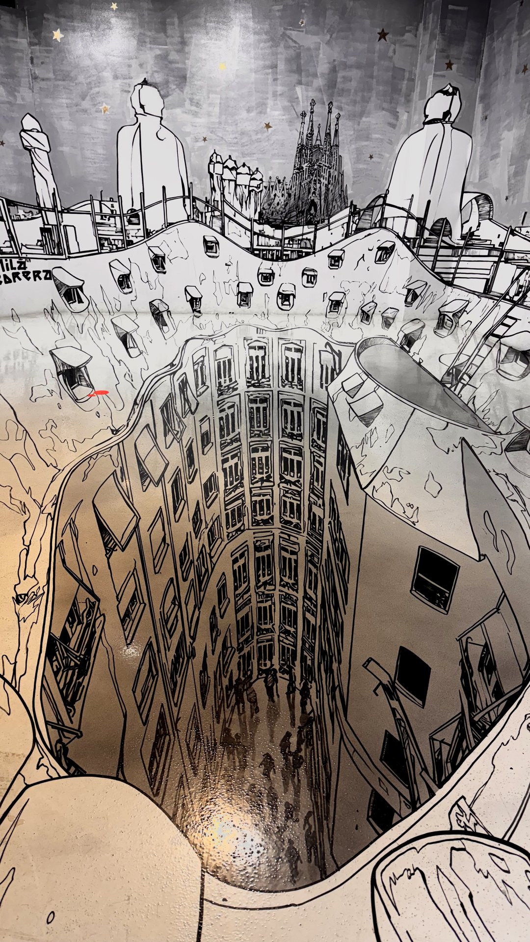 Perspective illusion of Casa Milà and Sagrada Familia inside the museum