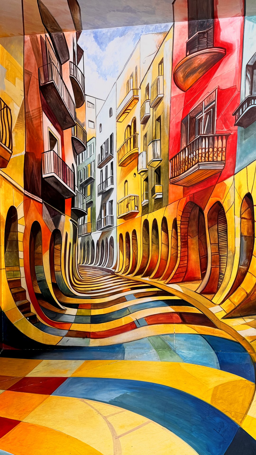 Cubist-style colored corridor illusion bending perspective
