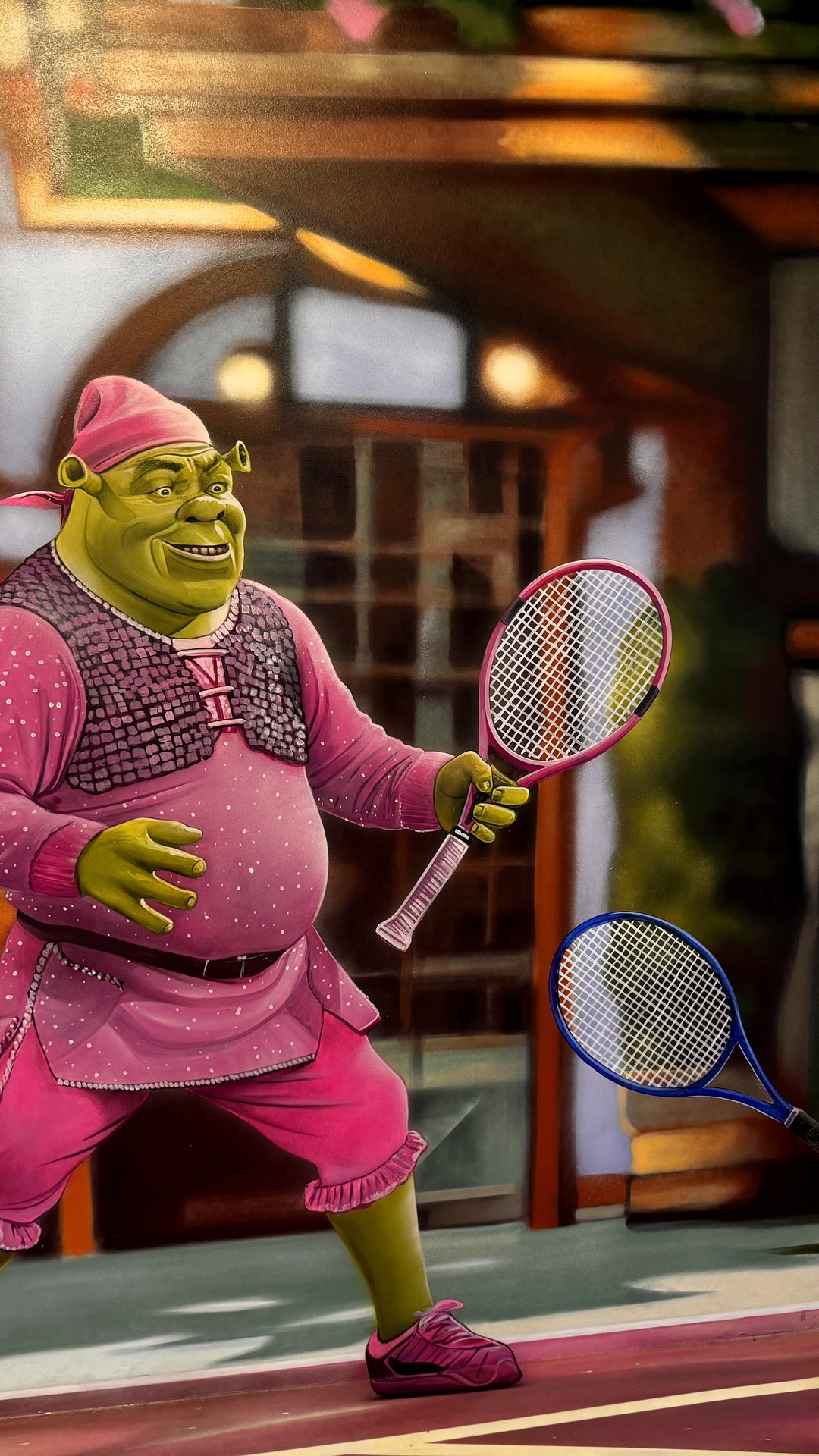 Shrek in a pink princess outfit playing tennis at Museum of Illusions Barcelona